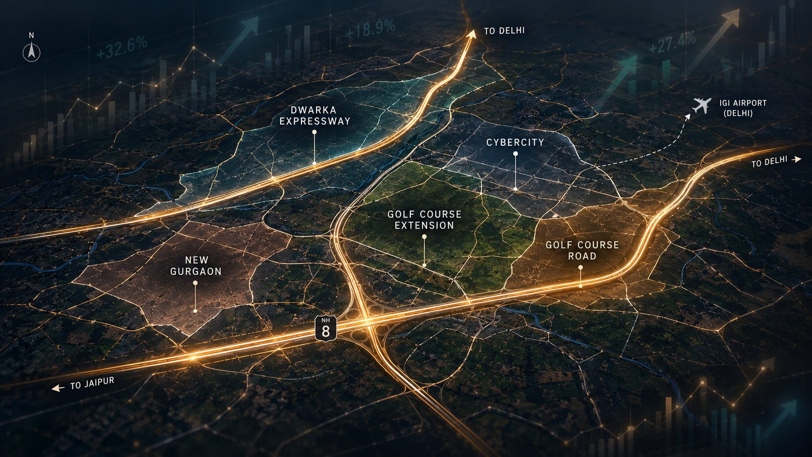 Illustrative aerial Gurgaon map showing Dwarka Expressway, New Gurgaon, Cybercity, Golf Course Extension and Golf Course Road