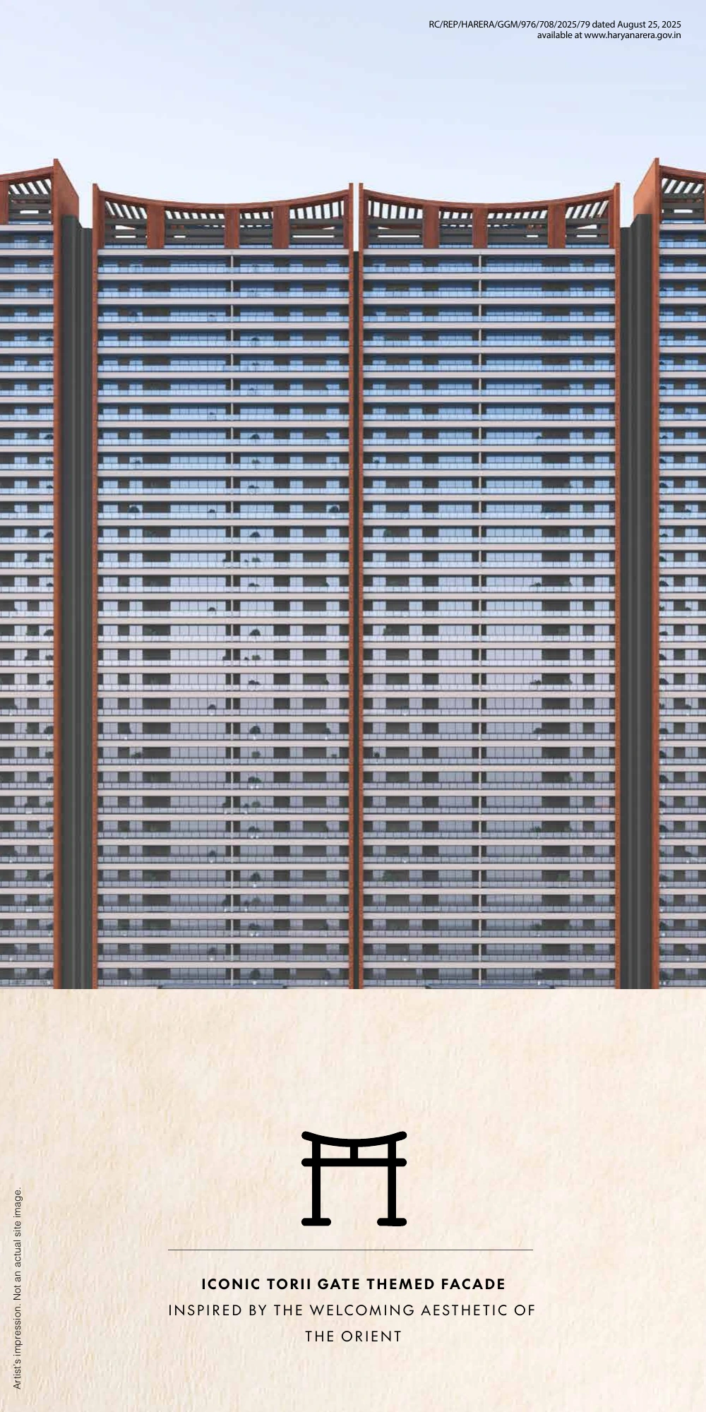 Godrej Sora — Torii-inspired facade (brochure illustration)
